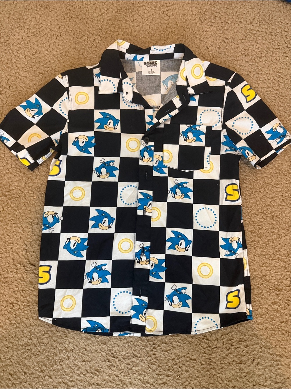 Sonic The Hedgehog Checkerboard Button-Up Shirt - Blue/Black/White/Yellow